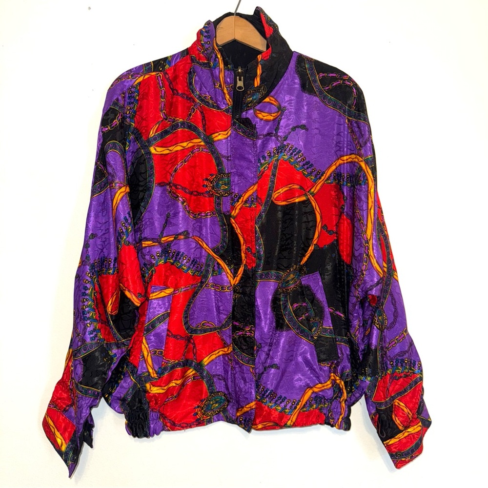 Vintage 80's Baroque Women's Reversible Bomber Jacket Bold Print Purple Red L